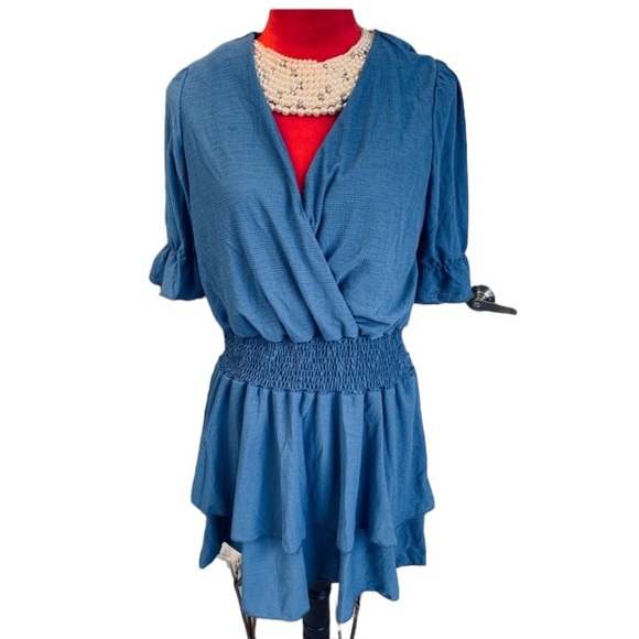 BLUE SHORT SLEEVE RUFFLE LAYERED PEPLUM DRESS - Picture 2 of 6